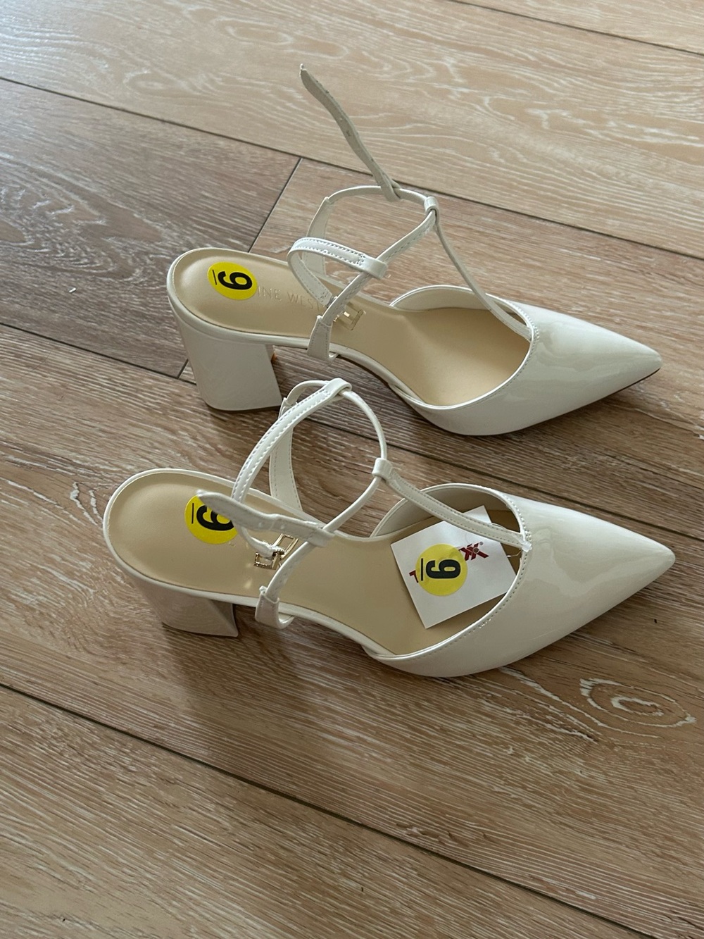 Nine West White Patent Pointed Toe T-Strap Block Heels